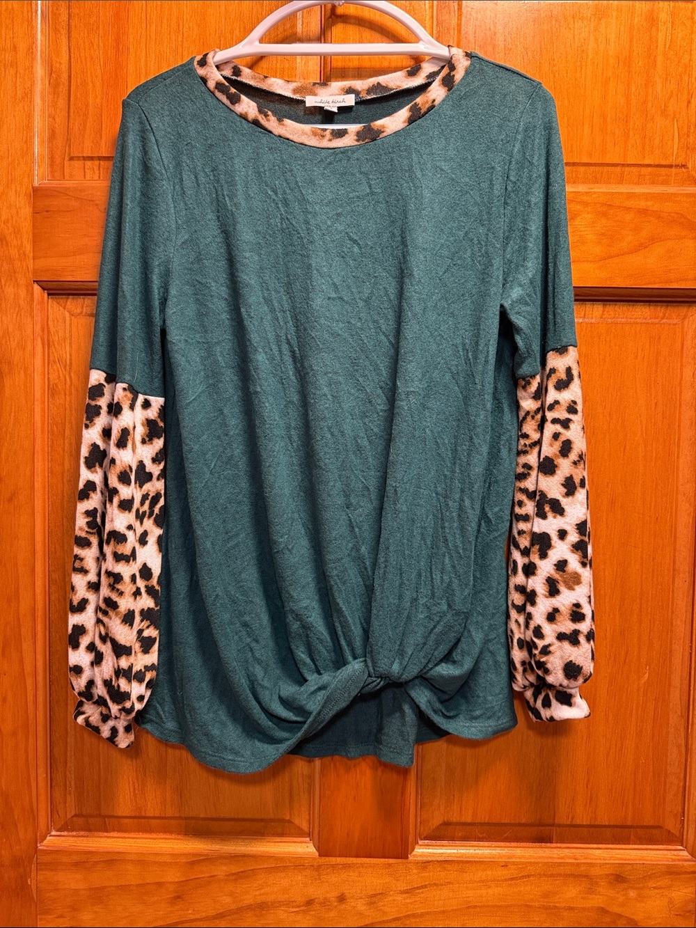 white birch Forest Green Knit Top with Leopard Trim